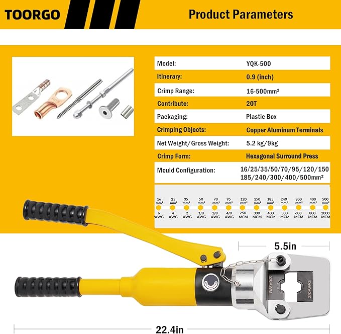 Crimping Tool, 6 AWG to 1000 MCM Hydraulic Plier, 20 Ton Copper and Aluminum Terminal Wire Lug Hydraulic Crimper, Crimping Tool Kit with 13 Dies