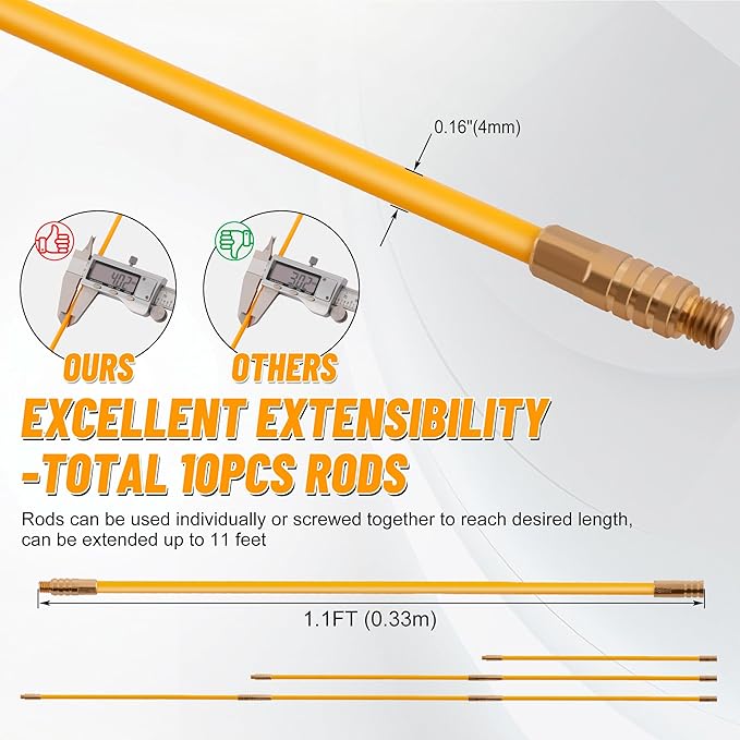 KOOTANS 11FT Fiberglass Running Electrical Wire Cable Glow Rods Wire Pulling Tools Fish Tape Cable Puller Through Wall Snake Fish Rods Kit with Different Attachments