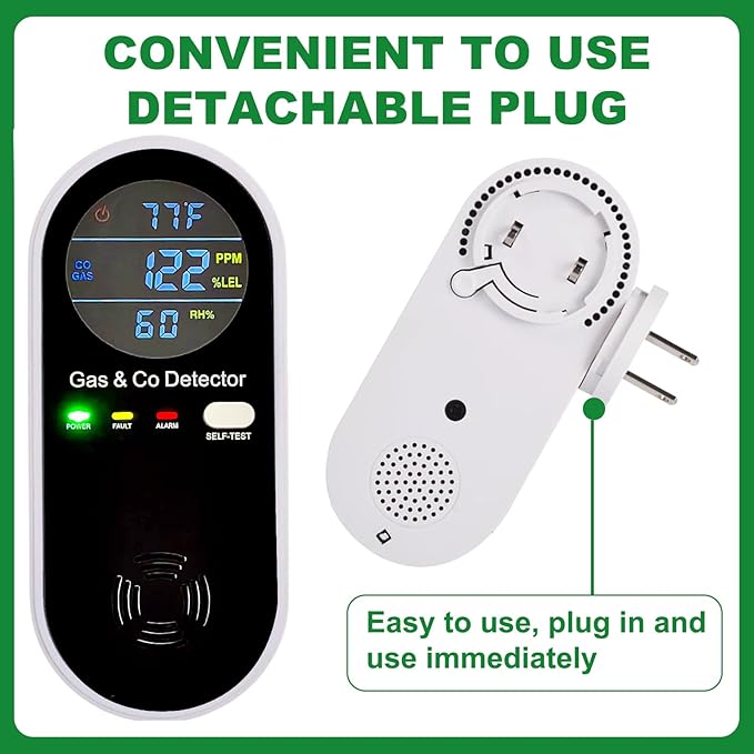 Combustible Gas & Carbon Monoxide Detector 4-in-1 Alarm with Temp/Humidity Sensor – Plug-in CO/Gas Leak Detector for Home, RV, Apartment Safety (Explosive Gas & CO Detection) 1-Pack