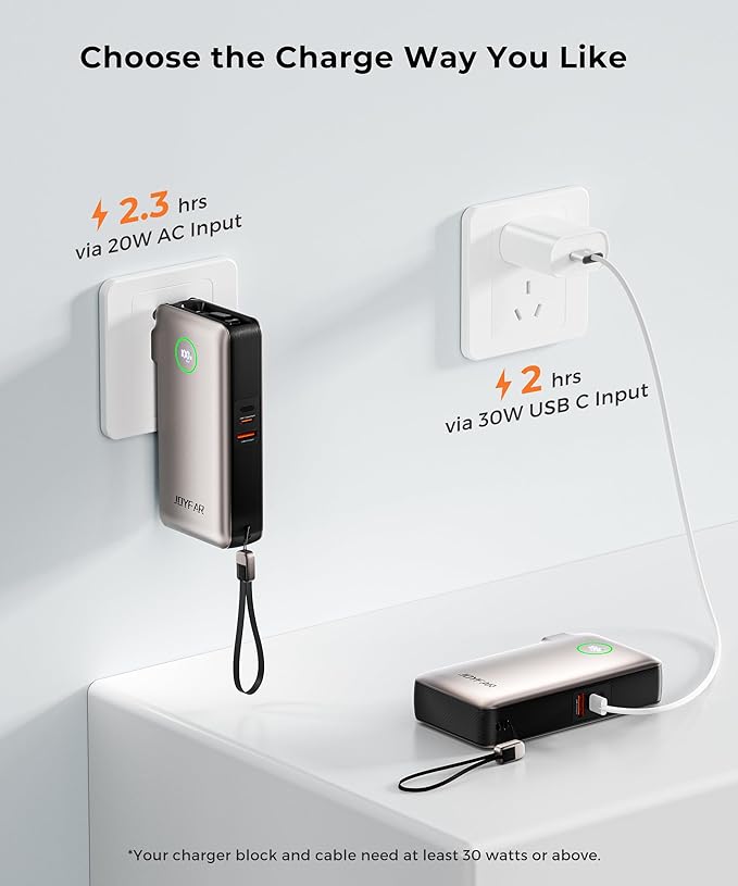 Portable Charger Power Bank - Battery Pack 35W AC Plug GaN 10000mAh Built in Cable USB C Phone Fast Charging Powerbank Compatible with iPhone 16 15 14 13 12 11 X iPad MacBook Samsung (Gold)