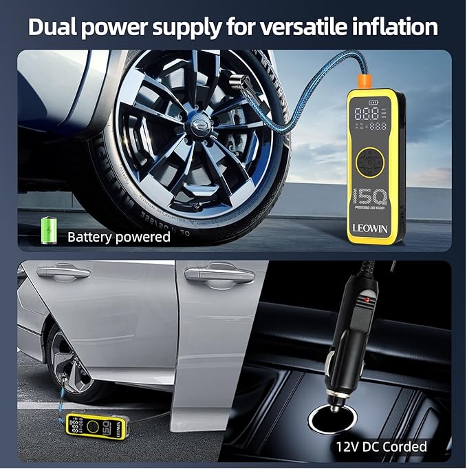 Tire Inflator Portable Air Compressor, Air Pump for Car Tires with Digital Tire Pressure Gauge/LED Light, Tire Pump with Rechargeable Battery &12V Car Power Adapter, for Cars, Motorcycles, Bikes, Ball