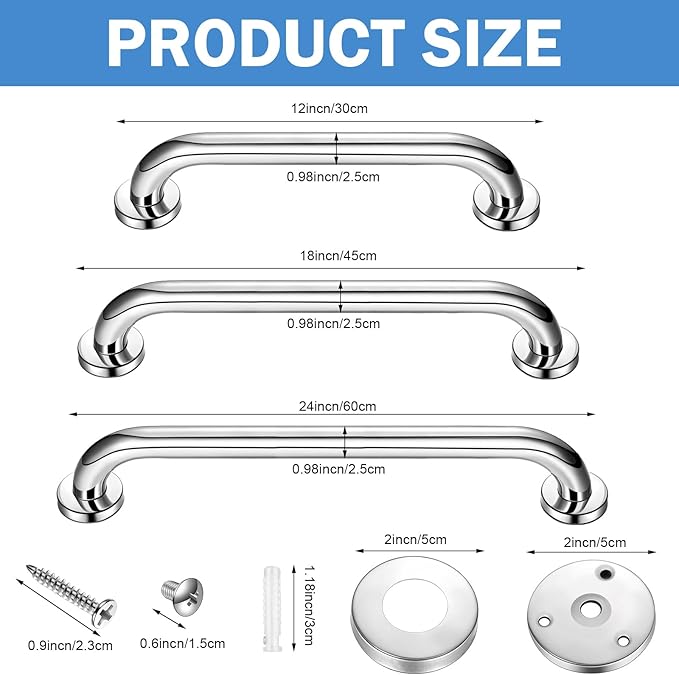 Therwen 6 Pack Grab Bars for Bathtubs and Showers Shower Grab Bars for Seniors Stainless Steel Bathroom Handicap for Elderly for Wall Shower Handle Assist Device (12 Inch,18 Inch,24 Inch,Silver)