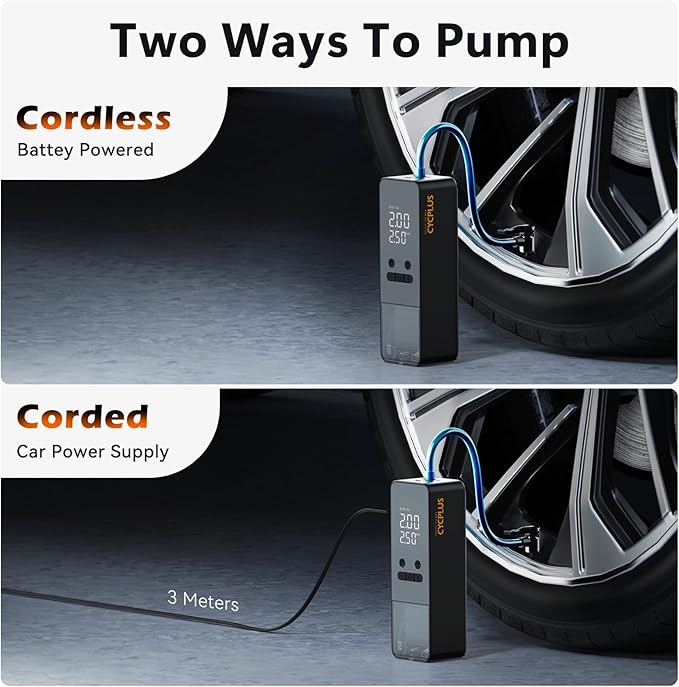 CYCPLUS Tire Inflator Portable Air Compressor - 150PSI Cordless Air Pump with Digital Tire Pressure Gauge, Auto Shut Off, DC/AC 2-in-1 for Car/Motorcycle/E-Bike/Ball