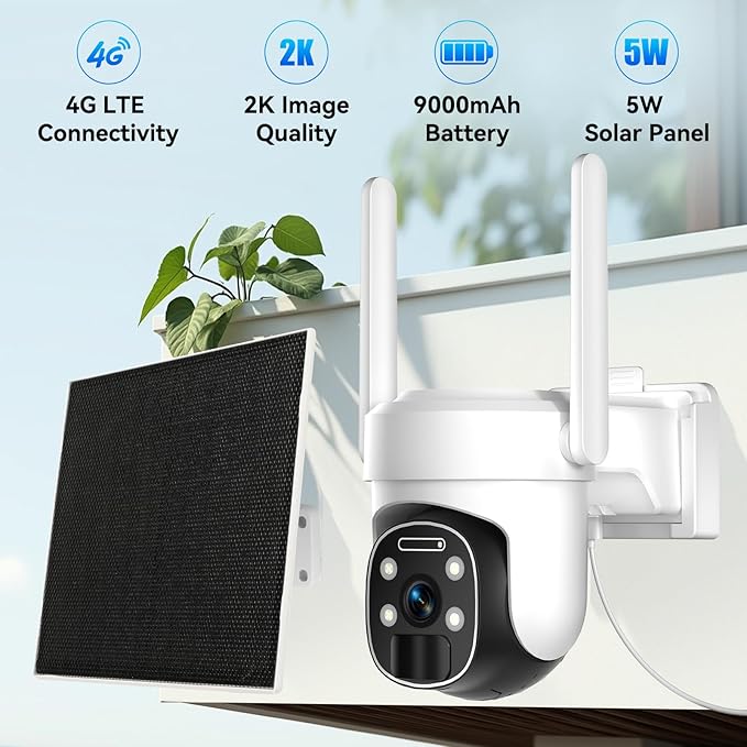 4G LTE Cellular Security Camera Outdoor, 2K No WiFi Solar Camera Outdoor Wireless Color Night Vision, Cellular Cameras for Security 360° Viewing, PIR Motion Sensor