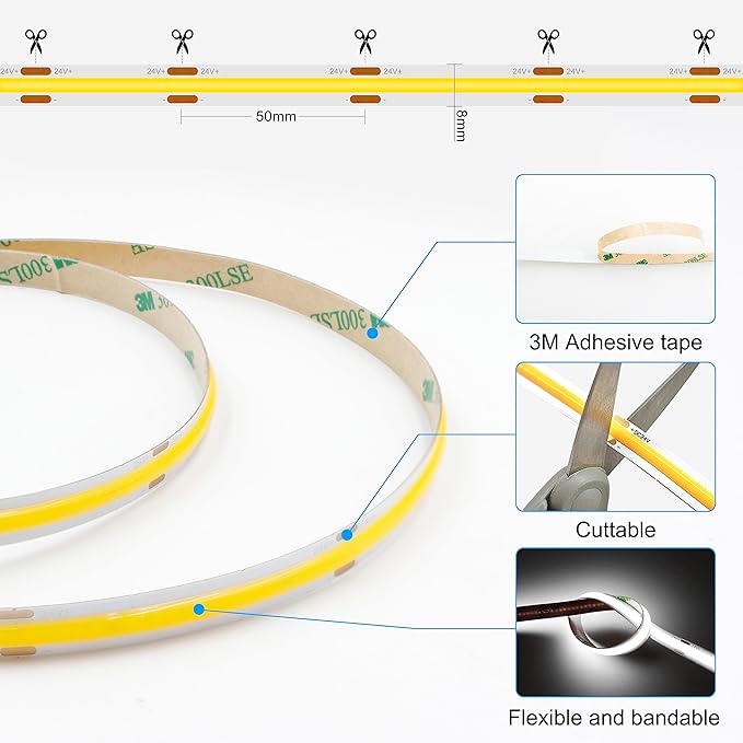 32.8ft White COB LED Strip Light, High Bright LED Strips with 320LEDs, RF Remote and UL Power Supply, 6000K Dimmable LED Lights for Bedroom, Kitchen, DIY Home Decoration, 2 Rolls of 16.4ft