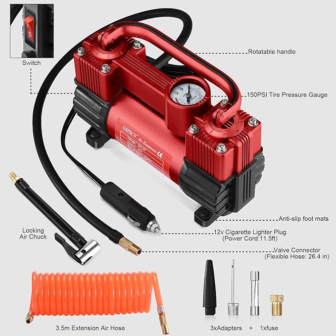 GSPSCN Red Tire Inflator Heavy Duty Double Cylinders, Portable Metal DC 12V Air Compressor - Car Accessories，150PSI Tire Pump with Adapter for Car, Truck, SUV Tires, Dinghy, Air Bed etc