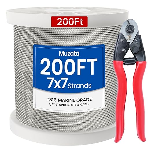 Muzata 200 ft 1/8" Stainless Steel Cable Railing System Hardware T316 Stainless Steel Wire Rope 7x7 1800 lb Breaking Strength Deck Cable Railing Kit with Wire Cutter for Indoor Outdoor Coastal WR02