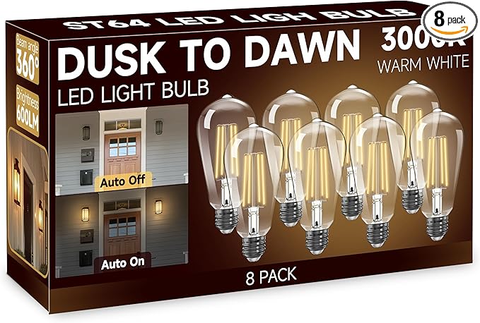 Dusk to Dawn Light Bulbs: Outdoor Light Bulbs, 6W Equivalent 60W Edison Bulbs, 3000K Warm White, Vintage 600LM LED Outdoor Lighting, E26 Base, Photocell Sensor, Automatic Bulb for Porch Patio, 8 Pack
