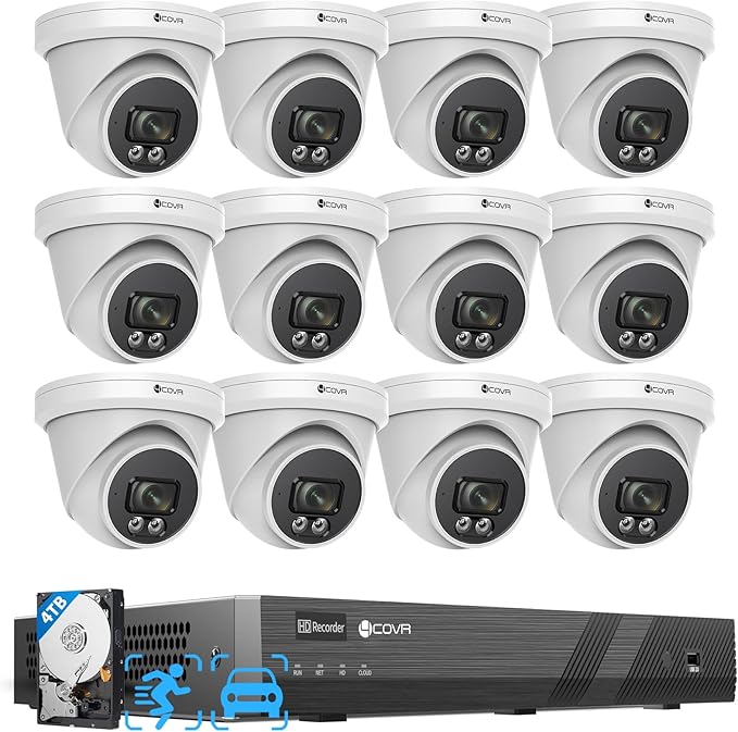 4COVR 4K PoE Security Camera System 16 Channel, AI Human Vehicle Detection & Night Vision, 12Pcs 8MP Wired Commercial Dome IP Camera IP67, 8MP NVR 4TB HDD, Business Surveillance Outdoor, LY97SA8M1612