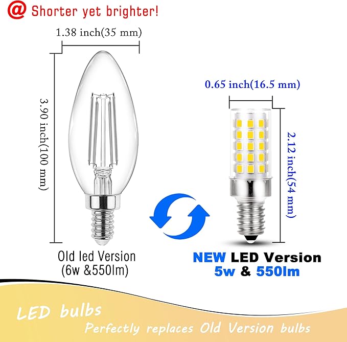 E12 Candelabra LED Light Bulbs 60 Watt Equivalent 120 Volt 4000K Natural White 550lm 6W C7 T6 E12 Small Base for Chandelier Pendant Ceiling Fan Lighting Table Salt Lamp, Non-dimmable, 4 Pack