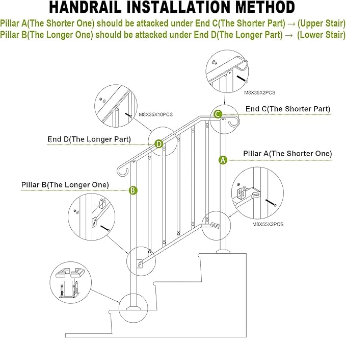 Adjustable Handrails for Outdoor Steps, Handrail Picket #2 Hand Rails for Outdoor 2 or 3 Steps, Mattle Wrought Iron Handrail, Stair Rail with Installation Kit for Outdoor Steps, White
