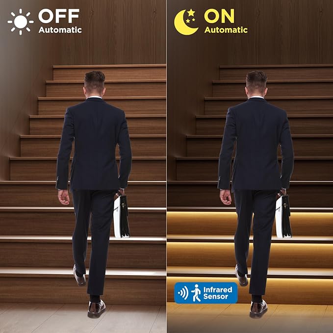 KMG-3233 Motion-Activated LED Stair Lighting Kit, 48" Long Cuttable Strip Light for Indoor LED Stair Lights (Warm White 3000K, 20 Steps)