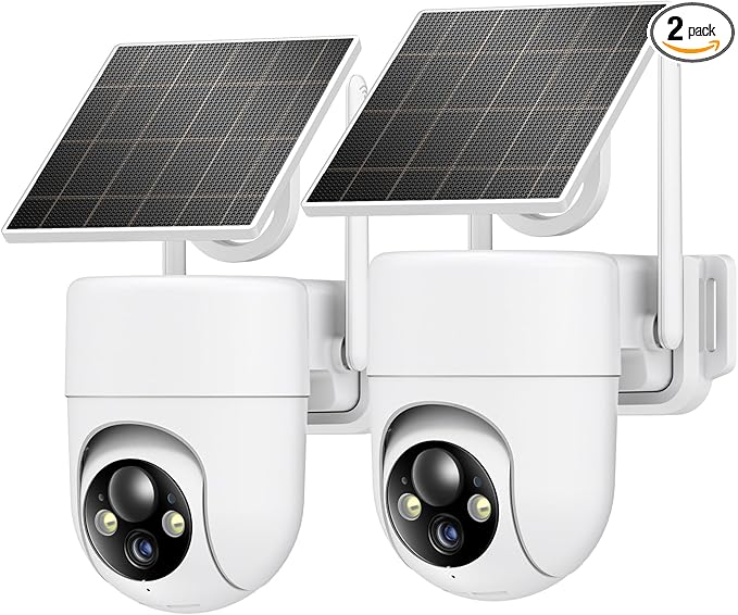 2K Solar Security Cameras Wireless Outdoor, 2PCS Outdoor Camera Wireless with 360° View, Cameras for Home Security with Color Night Vision/2-Way Audio, 2.4GHz Wi-Fi Only