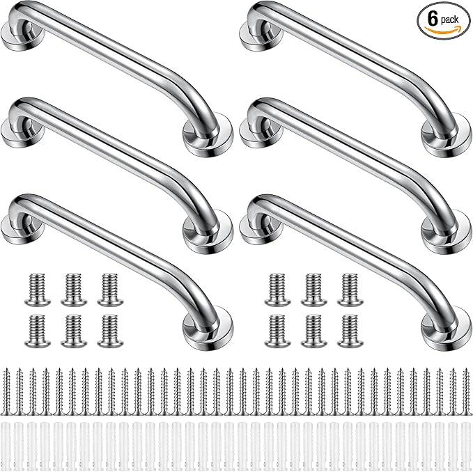 Therwen 6 Pack Grab Bars for Bathtubs and Showers Shower Grab Bars for Seniors Stainless Steel Bathroom Handicap for Elderly for Wall Shower Handle Assist Device(12 Inch,Silver)