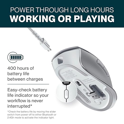 Humanscale Razer ProClick White Ergonomic Mouse, Wireless Bluetooth Compatibility with PC or Mac, Multi-Device Connectivity, Comfort Contour Design, 8 Programmable Buttons