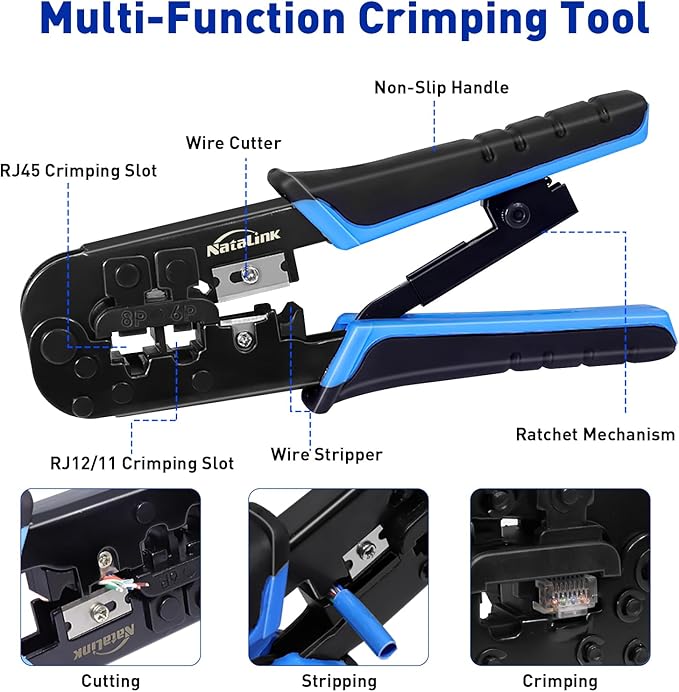 RJ45 Crimp Tool Ethernet Crimper Tool Kit Cat 6 Cat 5E Cat 5 Crimping Tool with Network Cable Tester, Wire Cutter Pliers, Mini Cable Stripper, 50 Pcs Cat 5E Connector and Strain Relief Boots