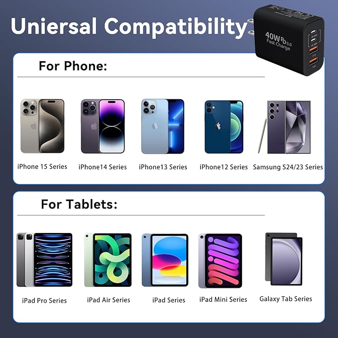 USB C Wall Fast Charger Block, 40W 4-Port Type C Chargers Fast Charging Blocks PD Power Charger Adapter+QC 3.0 USB Multiport Charger Brick for Phone 17/16/15/14/13/12 Pro Max, i-Pad, Galaxy S25-2Pack