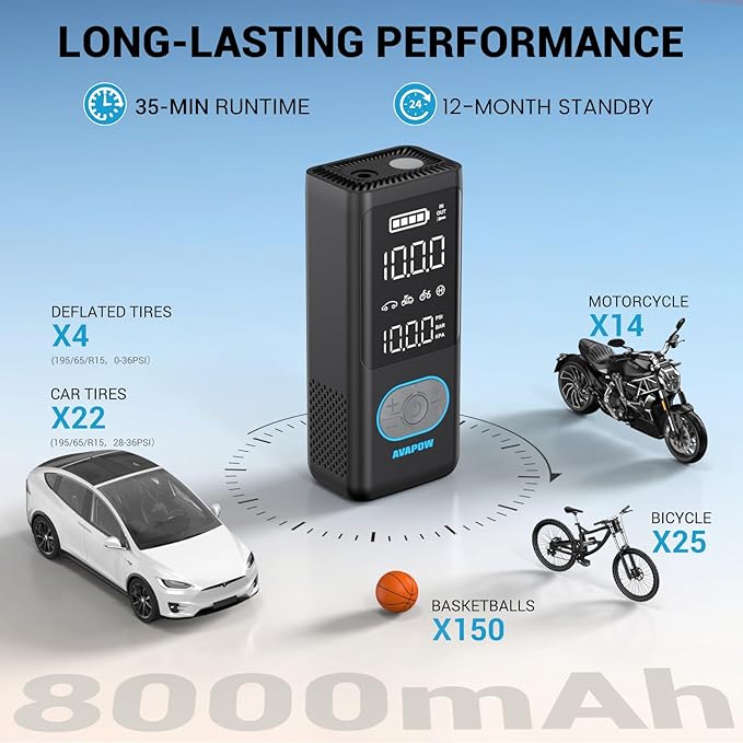 AVAPOW AP18 Tire Inflator Portable Air Compressor, 300% Faster 150 PSI Cordless Air Pump with Tire Pressure Gauge, 3.7″ Dual LCD Screen, Auto-Shuts Off Tire Pump for Car, Motorcycle, Bicycle, Black