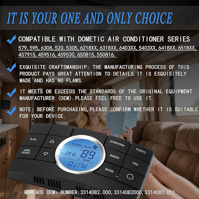 3314082.000 RV Thermostat - 10-Button Multi-Zone Control for Dometic CCC2 - Fits AC Series 579/595/600/6308 - Digital RV AC/Heat Thermostat - Black