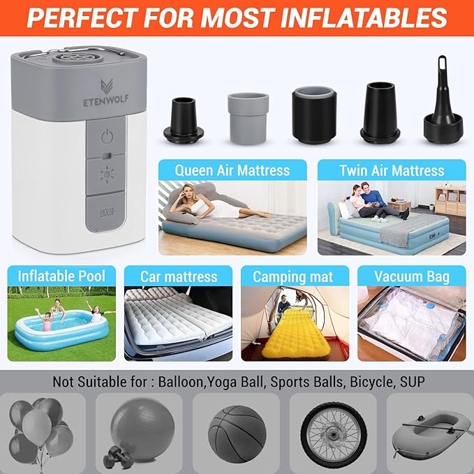 ETENWOLF AIR 5 PRO MAX Air Pump for Inflatables, Portable Electric Air Pump with 10400 mAh Battery, 4X Quick Inflator & Deflator, 720 L/min Pump for Pool Floats, Vacuum Storage Bags