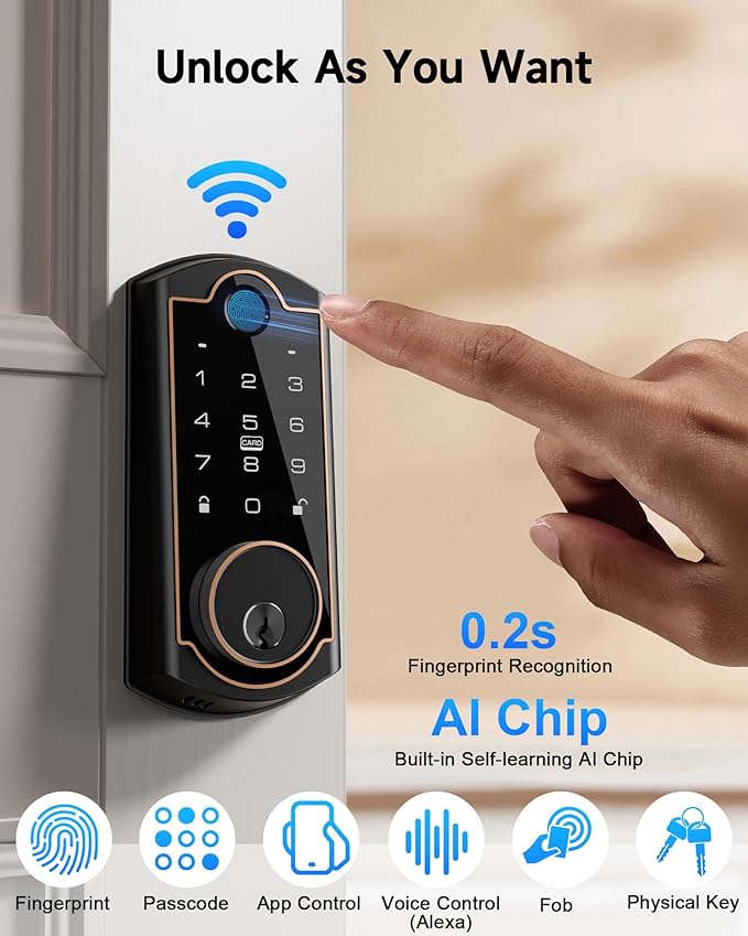 Smart Lock ST380, Built-in Wi-Fi, Fingerprint Keyless Entry Door Lock, Security Deadbolt Smart Locks for Front Door, App Remote Control & Auto Lock, IP56 Waterproof, (2025 Upgrade)