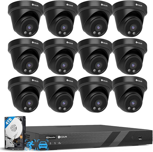 4COVR 16 Channel Security Camera System, AI Human/Vehicle Detection, 16CH 8MP NVR 4TB HDD, 12Pcs 5MP Wired Commercial Dome PoE IP Camera IP67, Night Vision, Business Surveillance Outdoor, LY97AB5M1612