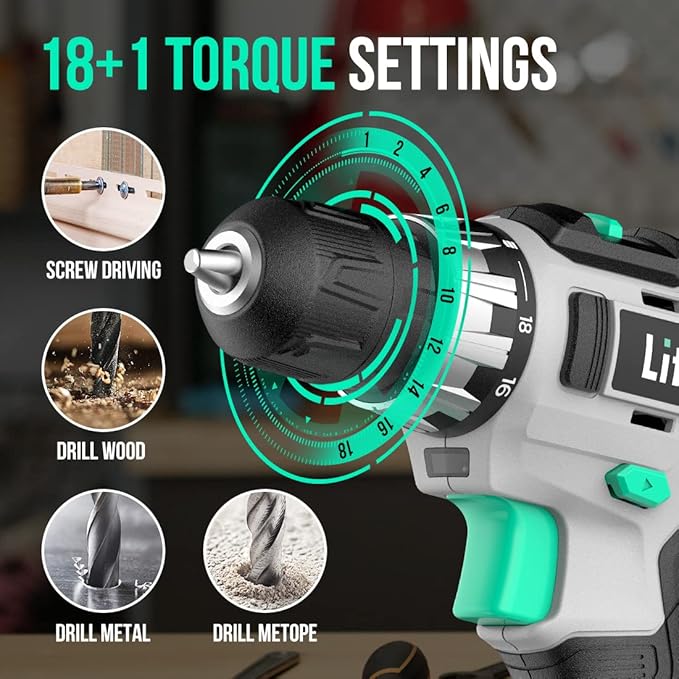 Litheli Cordless Drill Set, 20V Max Power Drill, 3/8” Keyless Chuck, 18+1 Torque Settings, Variable Speed, w/ 2.0 Ah Battery and 1 Hour Fast Charger Included