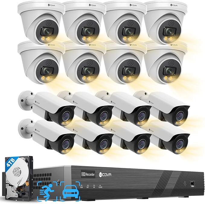 4COVR 16 Channel Security Camera System PoE 2-Way Audio Talk, Person Vehicle Detection & Smart Color Night Vision, 4K UHD NVR 4TB HDD, 8 Dome 8 Bullet 5MP IP67 IP Camera for Businesses, LYH37Y5M1616