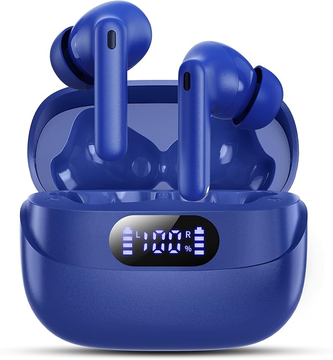 Wireless Earbuds, 42H Playtime Bluetooth 5.3 Headphones, HiFi Stereo Call Noise Cancelling Earbuds, IPX7 Waterproof Stereo in-Ear Earphones with LED Display for iOS Android (Ocean Blue)
