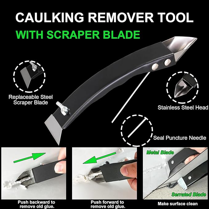Caulk Remover and Finishing Tool Set – Metal Caulk Scraper with Replaceable Sharp and Serrated Blades, 5 Replaceable Silicone Finishing Pads, 3 Silicone Finishing Tools, DIY Home Repair Kit