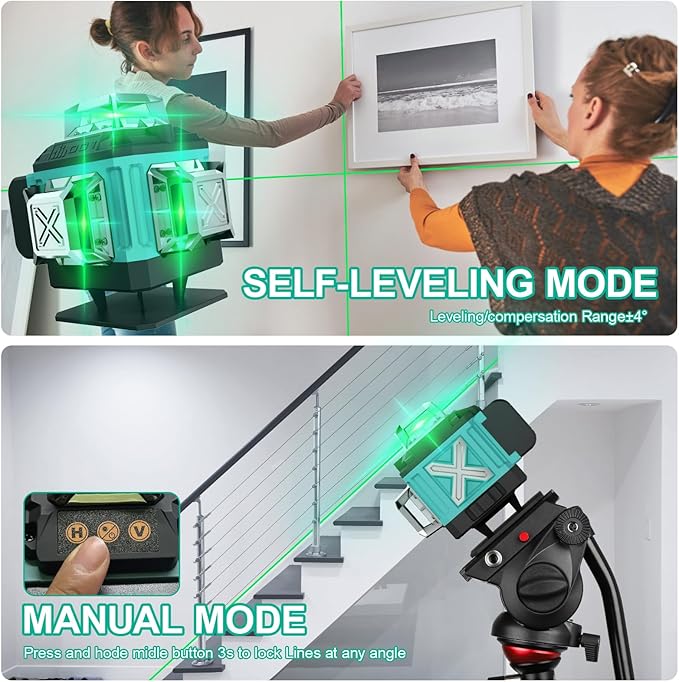 16 Lines Laser 360 Level Self Leveling, 4x360° Professional 4D Green Cross Line laser Level for Construction and Picture Hanging with 2 Batteries,Magnetic Bracket & Remote Control