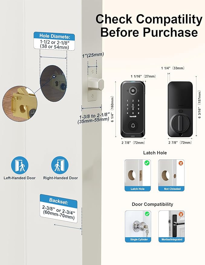 Video Smart Lock with Camera: 4-in-1 Ring+2K Camera+Doorbell+Fingerprint Hornbill Keyless Entry Door Lock, Built-in WiFi Deadbolt(only 2.4G), Two-Way Audio/App Remote Control/PIR, No Monthly Fee