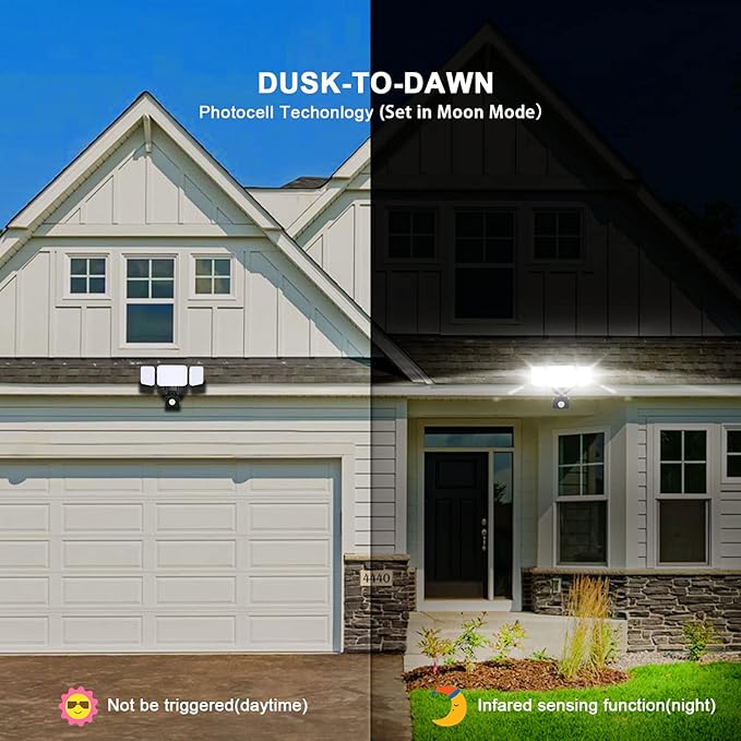 EMANER Outdoor Flood Lights Motion Sensor, Dusk to Dawn & Detection Adjust, Outside LED Security Lights 4500lm 120V, 5000K 3-Head Frosted Lens, Wall Lights for Patio/Driveway/Yard, (2-Pack, Black)