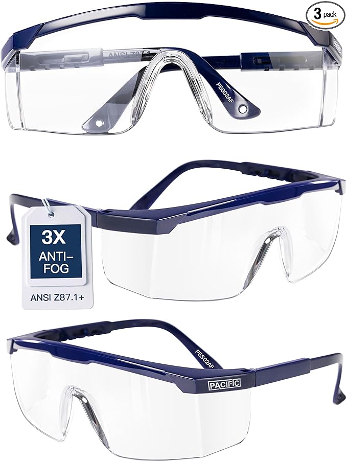 PACIFIC PPE 3 Pack Anti-Fog Safety Glasses with Ajustable Temples, Safety Glasses for Men and Women, ANSI Z87.1, Side Protection, High Transmission Protective Eyewear, Lightweight