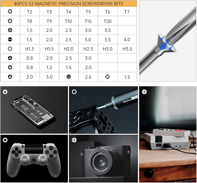 JAKEMY Electric Screwdriver, Precision Magnetic Screwdriver Bit Set(40 Bits), Dual-Mode Rechargeable Mini Cordless Power Screwdriver Repair Tool Kit with LED for Electronics Laptop Phone Watch Toy