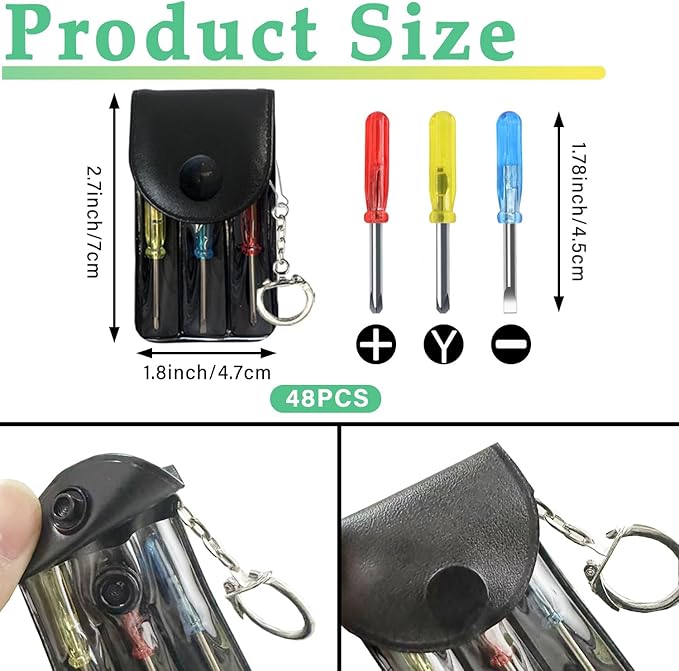Bulk Pack Mini Screwdriver Keychain Set – 48 Sets of Handy 3-Piece Screwdrivers in a Snap-Closure Pouch with Hook, Perfect for Men, Tool Party Favors, Christmas Gifts, and Birthday Presents