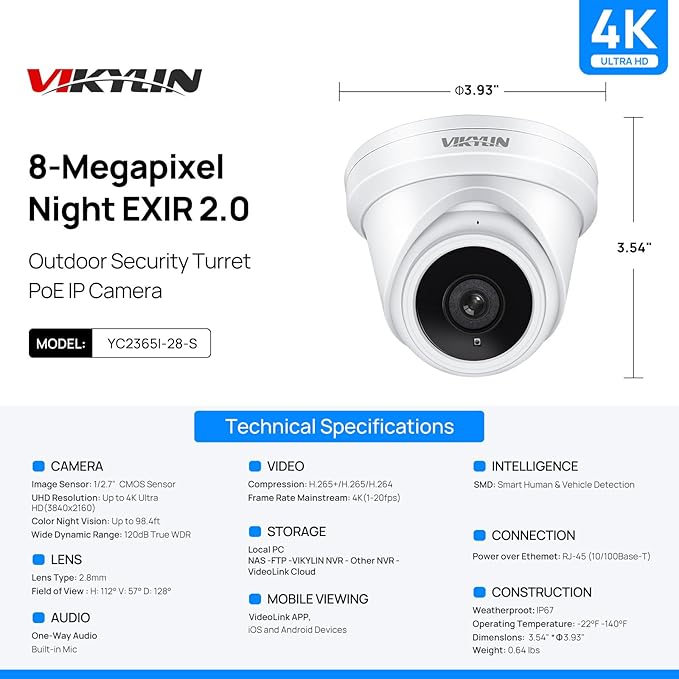 VIKYLIN 4K 8MP PoE IP Camera Outdoor, 4K PoE Turret Camera with Human Vehicle Detection,2.8mm Lens, 98ft EXIR2.0 Night Vision,Built-in Mic, WDR,IP67 Weatherproof, Plug & Play,Blue Iris, NDAA Compliant