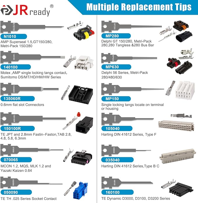 JRready ST5349 Pin Removal Tool Kit, 24PCS Replacement Pin Extractor Tools, Comprehensive Electrical Terminal Release Tool Set for Deutsch, AMP/TE, Molex, Delphi, JST, Harting Connectors