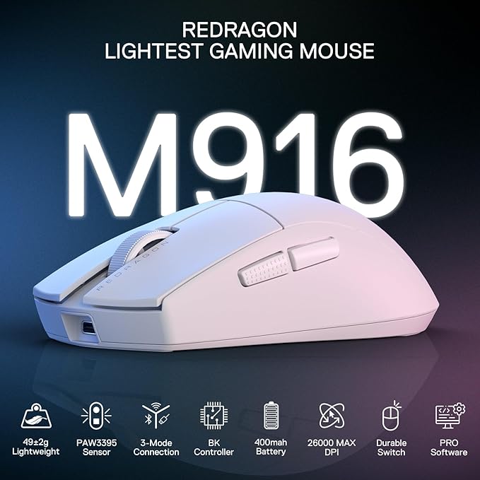 Redragon M916 PRO 3-Mode Wireless Gaming Mouse, 49G Ultra-Light 26K DPI Mouse w/Ergonomic Natural Grip Build, Full Programmable Buttons, Software Supports DIY Keybinds & DPI