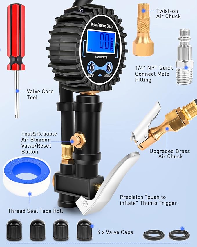 Nilight - 50057A Digital Tire Inflator Deflator with Pressure Gauge 250 PSI Air Chuck and Compressor Accessories with Rubber Hose and Quick Connect Coupler for 0.1 Display Resolution
