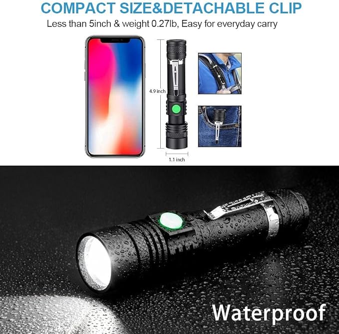 Hoxida LED Tactical Flashlight, Super Bright LED Flashlight Rechargeable 2000 High Lumen, Pocket-Sized LED Torch with Clip, IPX6 Waterproof, Zoomable, 4modes for Camping,Emergency