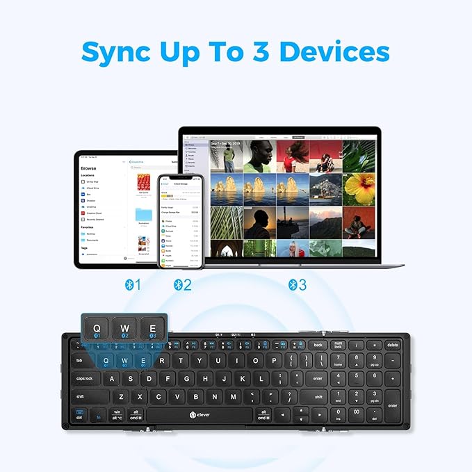 iClever Portable Keyboard, BK09 Foldable Bluetooth Keyboard with Number Pad for Travel and Business Trip, USB-C Rechargeable for Laptop, iPad, iPhone, Sync up to 3 Devices