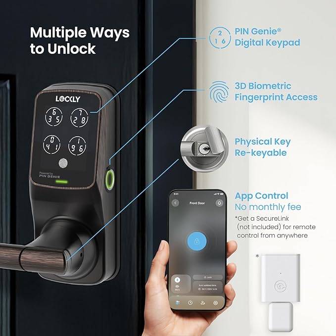 Lockly Secure Plus Bluetooth Smart Door Lock, Keyless Entry with PIN Genie® Digital Keypad, 3D Biometric Fingerprint Sensor Front Door Lock with Handle, Voice Control & Auto Lock - Latch Edition