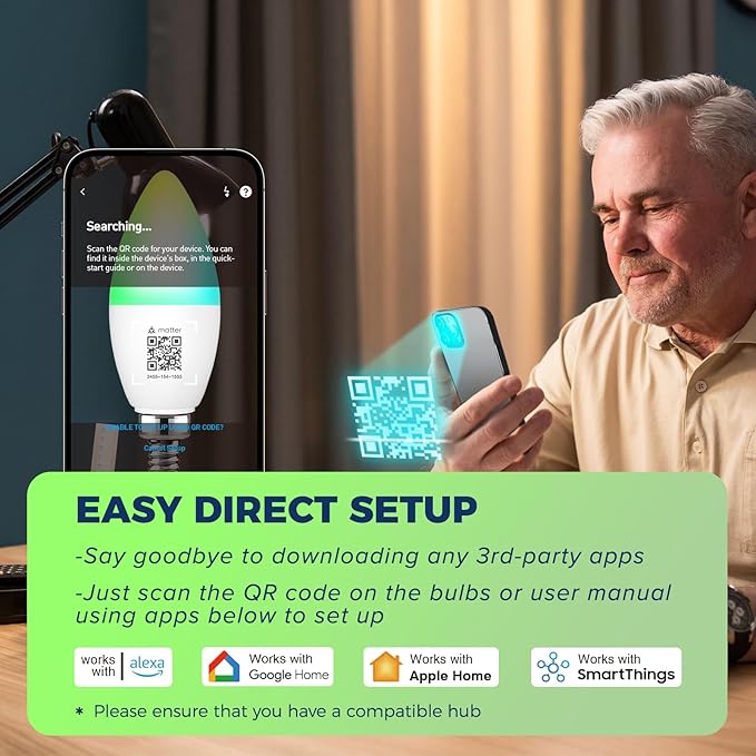 Matter Candelabra Smart Light Bulbs 60W Equivalent, 500LM 6W E12 LED Bulb Compatible with Alexa/Siri/Apple Home/Google Home/SmartThings, RGBCW Candle Bulb, 2.4G WiFi, ETL Listed, 2PCS