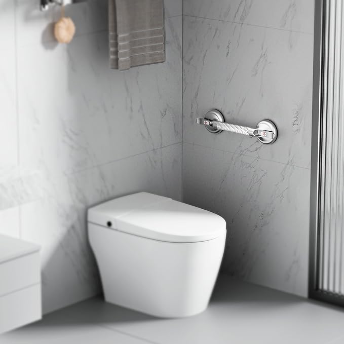 17 Inch Upgrade Strong Suction Grab Bars for Bathtubs and Showers, Seniors Handles for Elderly Handicap Safety Handrail for Bathroom Toilet Tiles Glass Silver