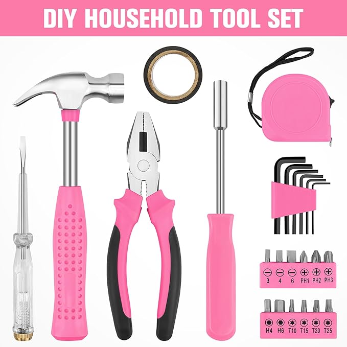 24 Piece Small Tool Kit for Men and Women, Mini Hand Tool Set with Storage Box for Home, DIY, Office, Garage(Pink)