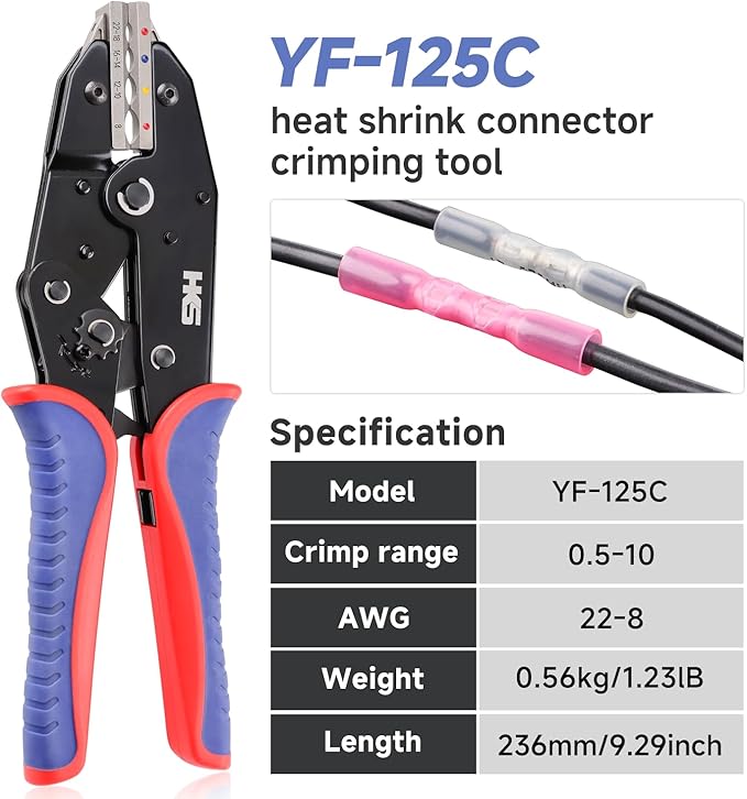 HKS Crimping Tool For Heat Shrink Connectors - Ratcheting Wire Crimpers - AWG 22-8 (0.5-8.0mm²) - Ratchet Terminal Crimper - Electrical Crimping Tool