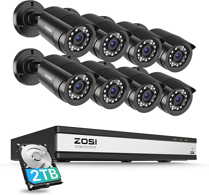 ZOSI 3K Lite 16CH Security Camera System with AI Human Vehicle Detection,Night Vision,8pcs Wired 1080P Outdoor Indoor Weatherproof Cameras,H.265+ 16 Channel CCTV DVR with 2TB HDD for 24/7 Recording
