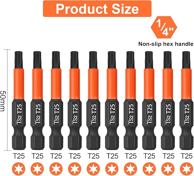 Pro T25 Screwdriver Bit Set - Torx Screwdriver 10 Pieces, 50mm Length, 1/4" Hex Shank Bit Assortment, with Storage Box
