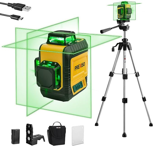 PREXISO 3 X 360° Laser Level with Tripod - Rechargeable 82Ft Cross Line Leveler, Green Line Laser Level Self Leveling for Construction, Tile, Home Renovation with Magnetic Base, Iron Plate, Bag